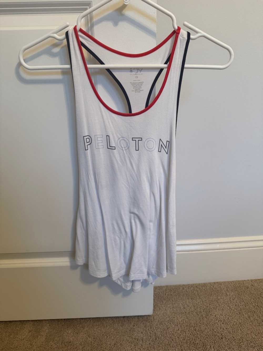 Peloton White Racerback Tank with Red and Navy Trim